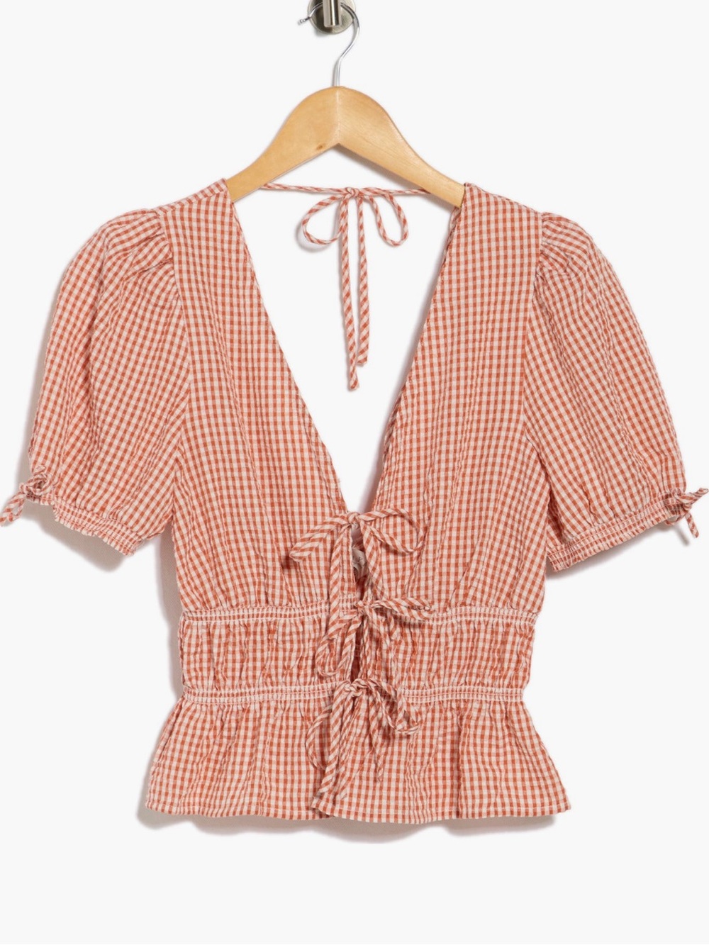 NWT WAYF size XS Gingham Tie-Front V-Neck Top in Rust